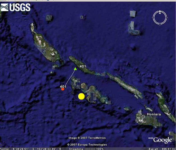 Trackline for line 401 and epicenter